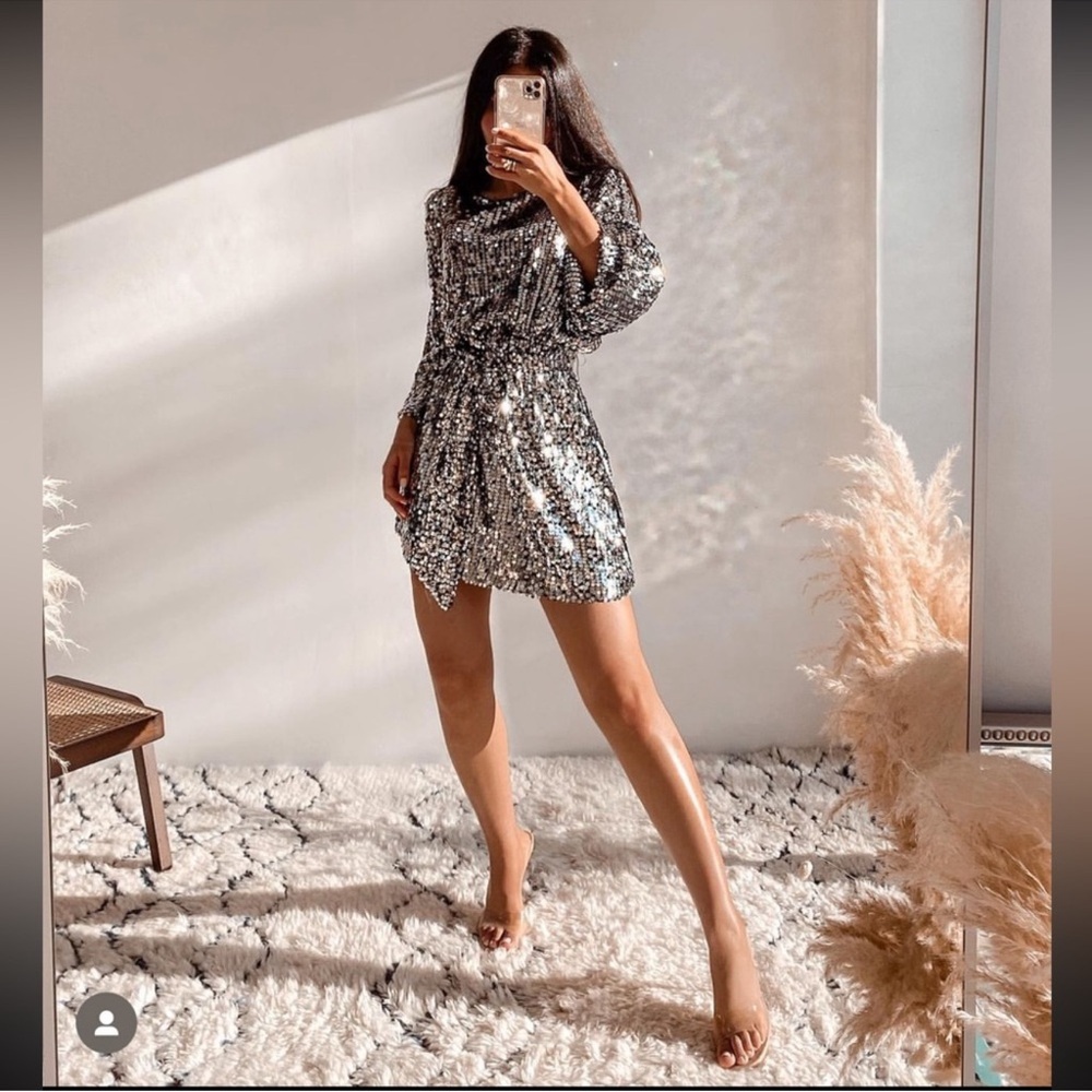 Zara Metallic Silver Sequin Mini Dress